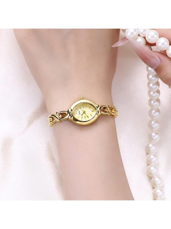 Womens Gold Analog Quartz Alloy Steel Oval Roman Numeral Number Bracelet Watch main image 4